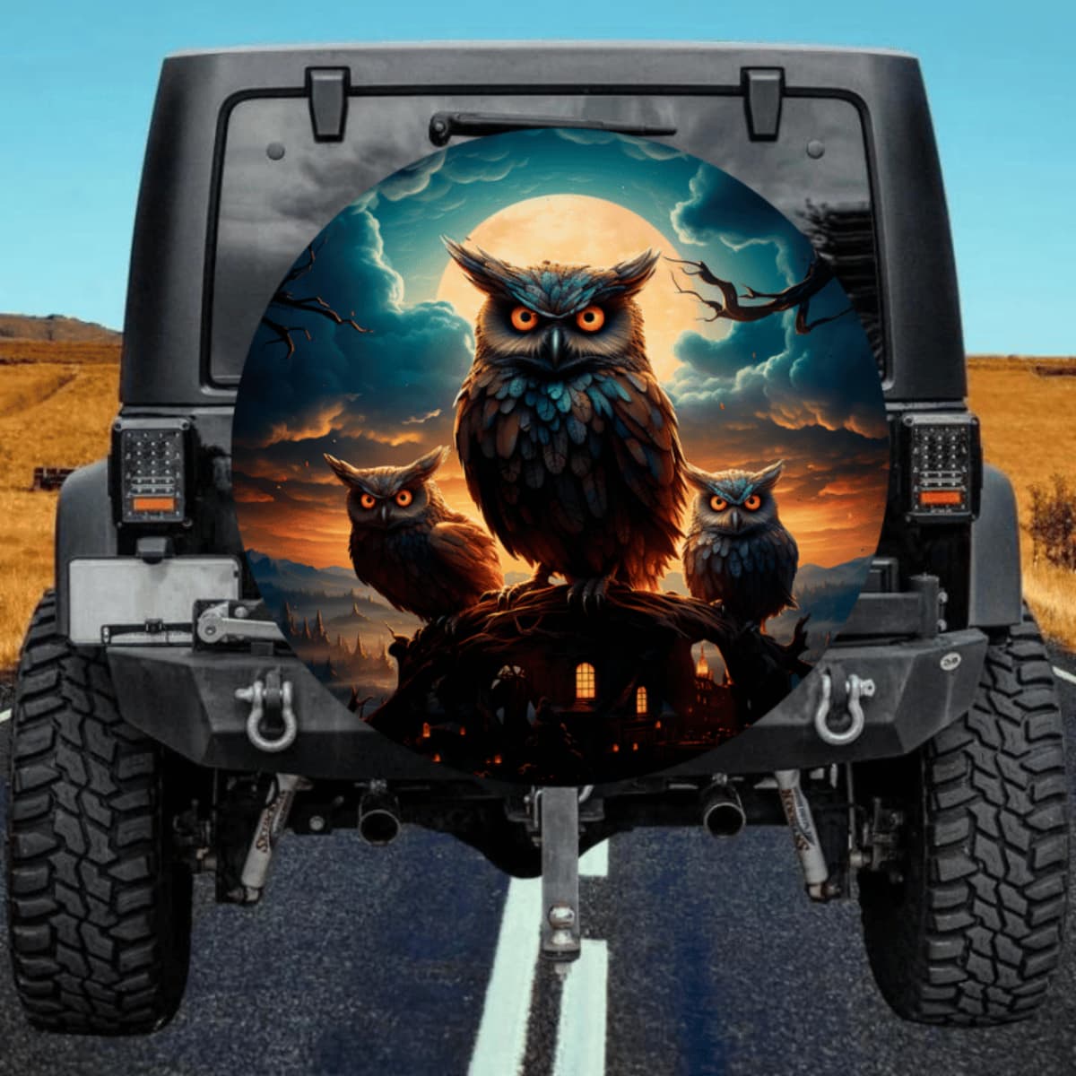 Realistic Owls Spare Tire Cover - Full Moon Night Sky Art