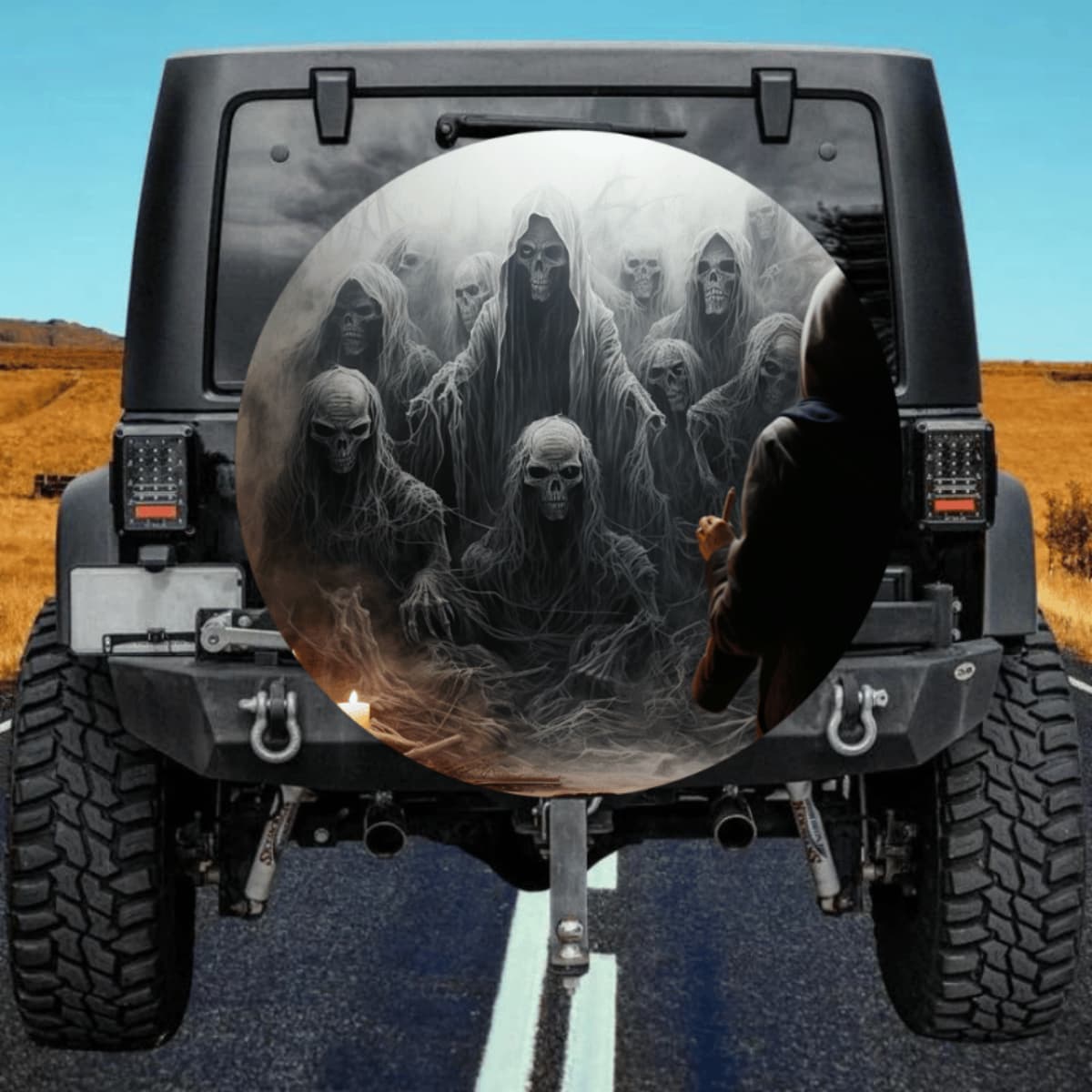 Army of Grim Reapers Spare Tire Cover - Black and White Mist Art
