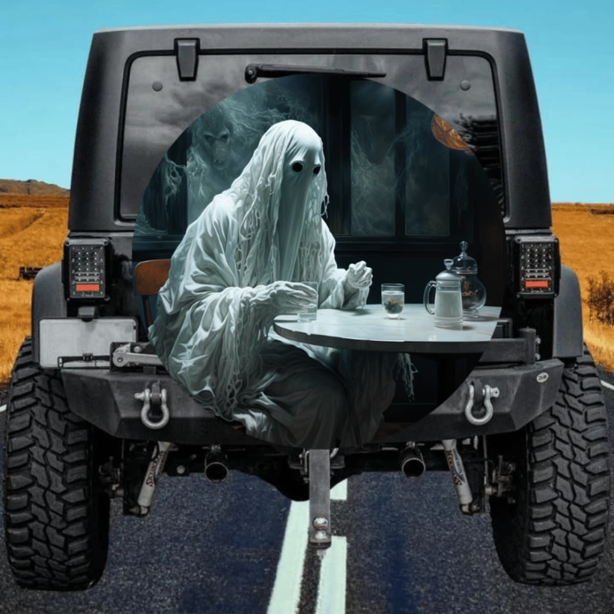 Surreal White Ghost at Table Spare Tire Cover - Horror Scene Art