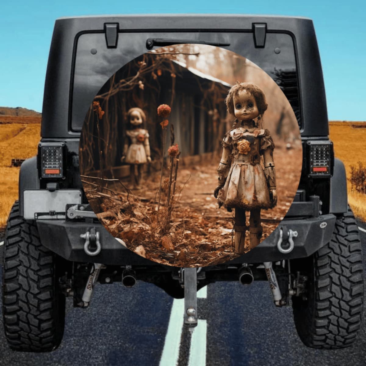 Abandoned Scary Dolls Spare Tire Cover - Rural Horror Farmhouse Art