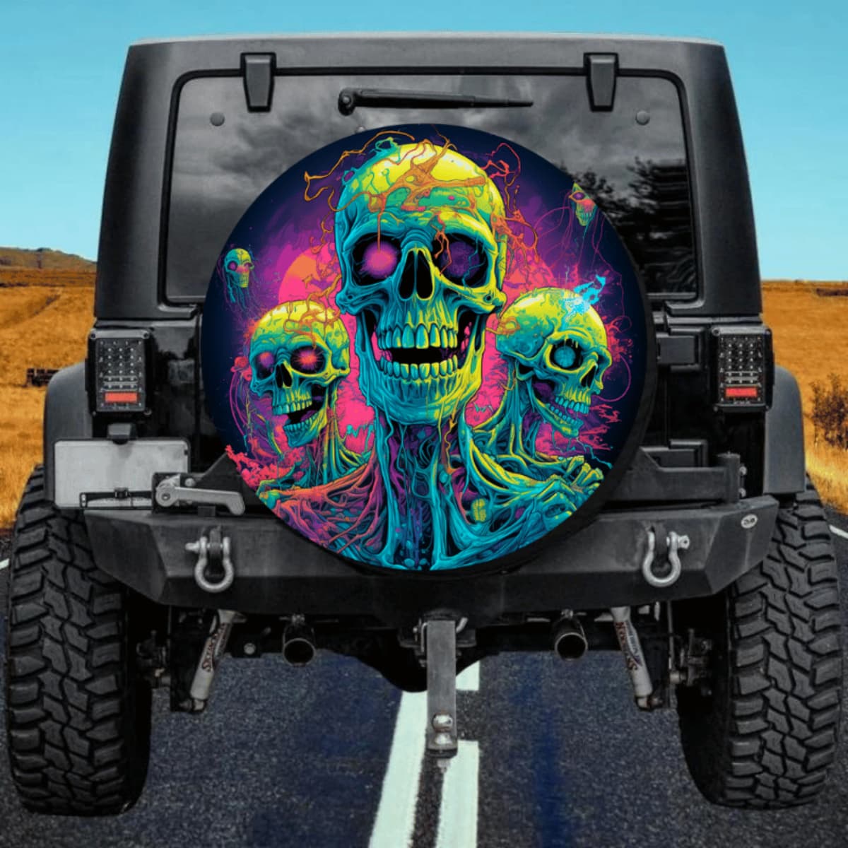 Trippy Neon Skulls: Psychedelic Melting Art Spare Tire Cover