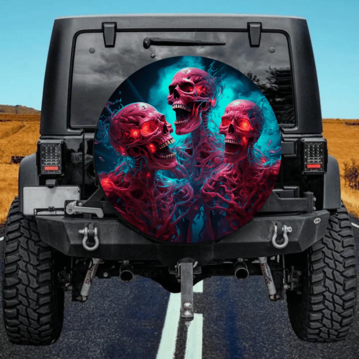 Crimson Fiends: Badass Screaming Skull Nebula Spare Tire Cover