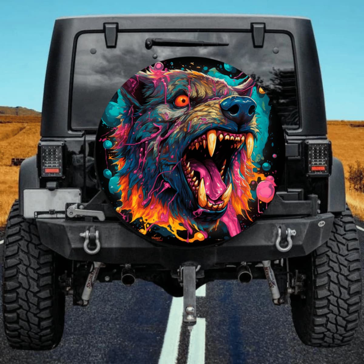 Colorful Wolf Spare Tire Cover - Neon Paint Splatter Art