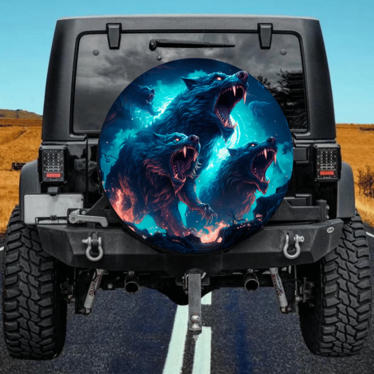 Three Wolves Spare Tire Cover - Blue Aurora & Fire Art