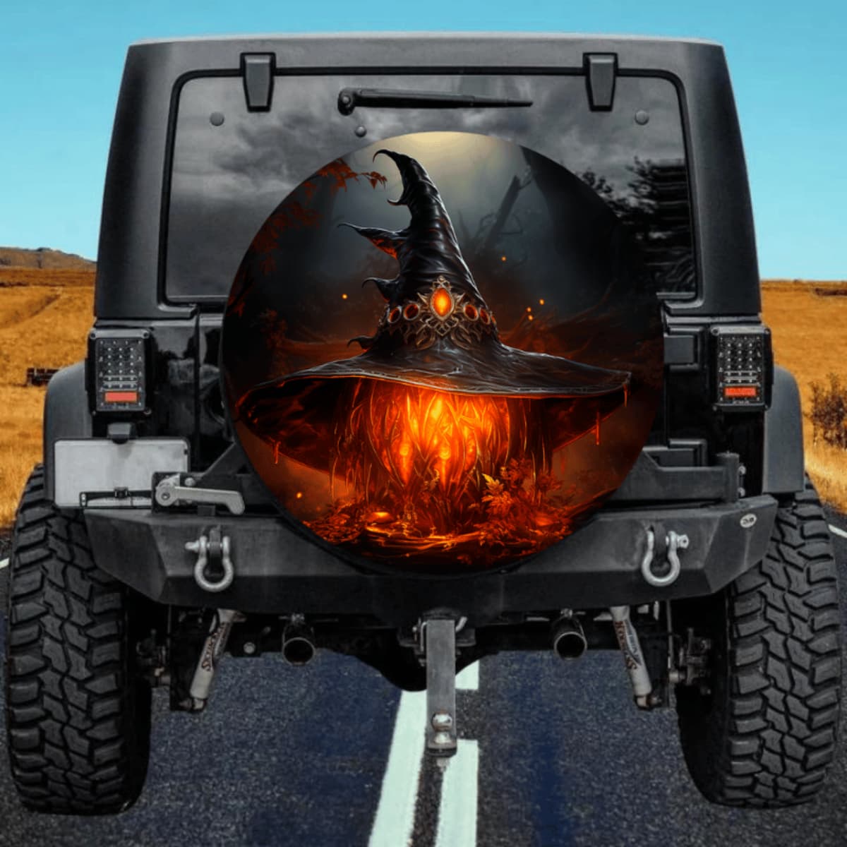 Witch Wizard Hat Spare Tire Cover - Glowing Orange Magic Art