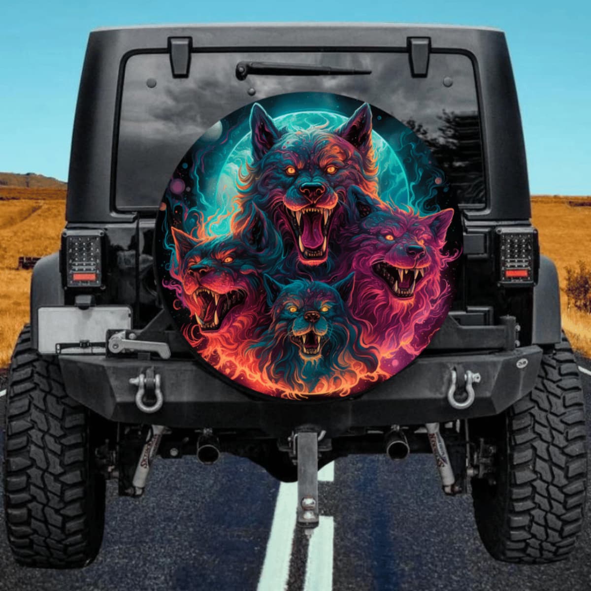Four Wolves Spare Tire Cover - Blue Moon & Neon Fur Art