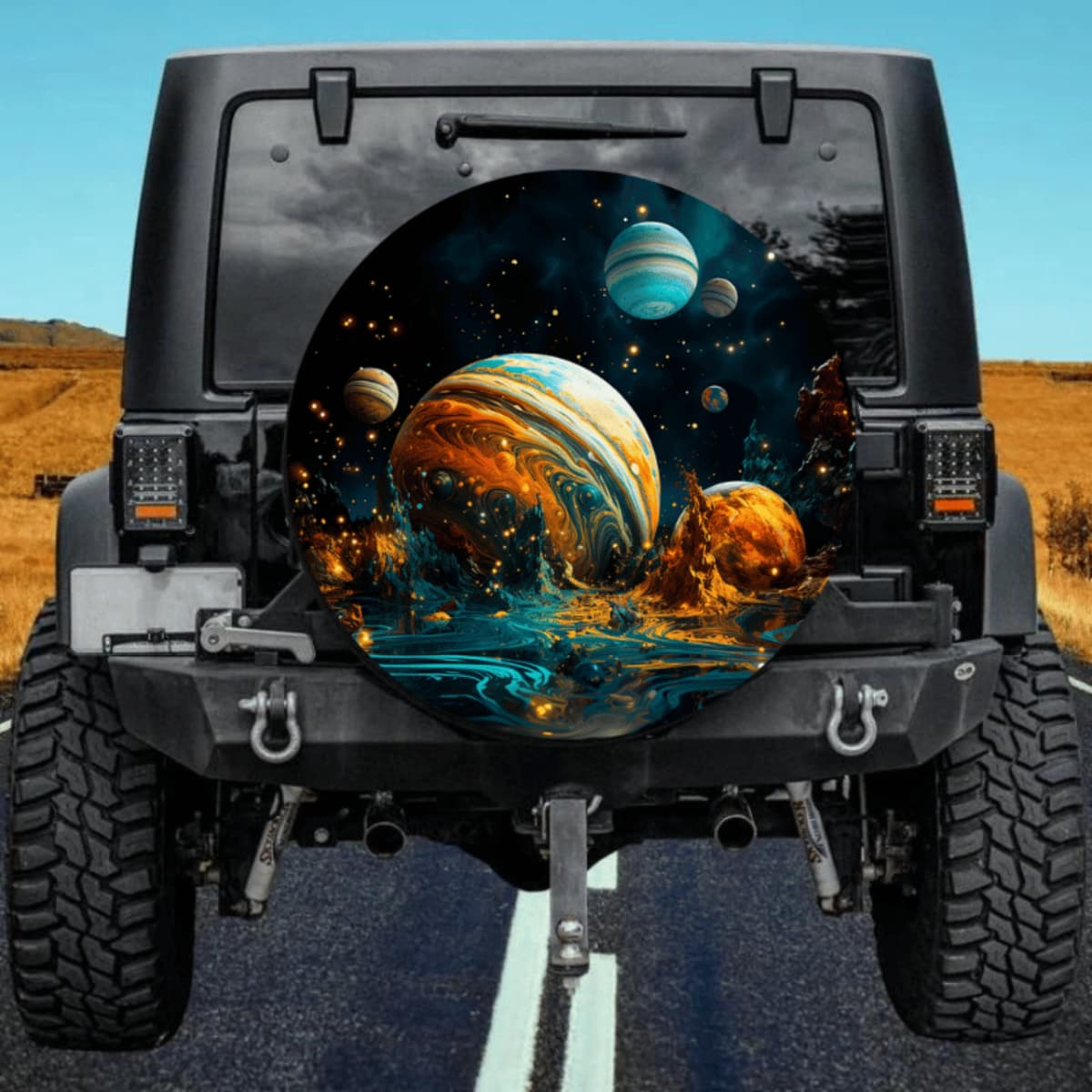 Space Planet Spare Tire Cover - Blue & Orange Fluid Art