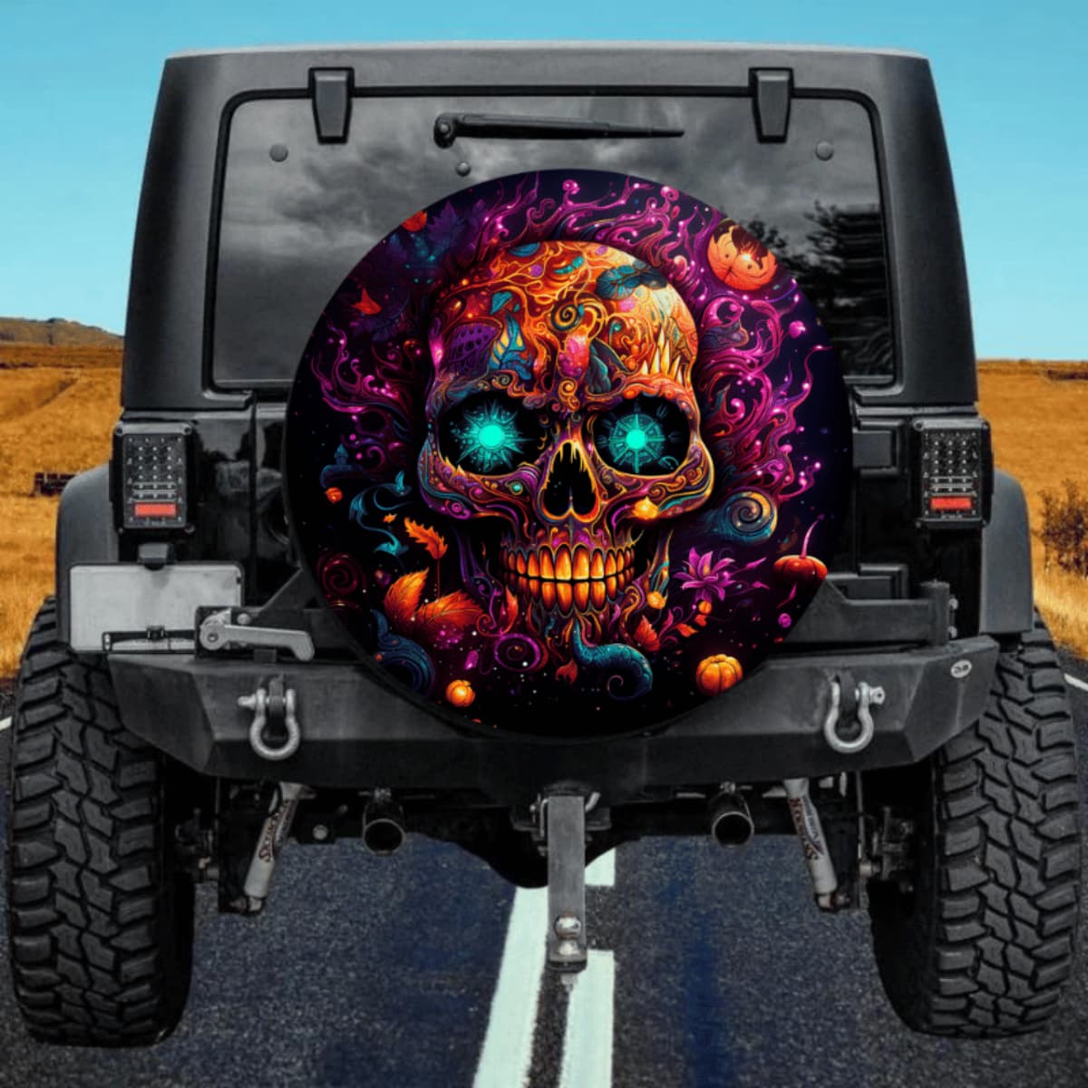 Colorful Skull Spare Tire Cover - Glowing Cyan Eyes Art