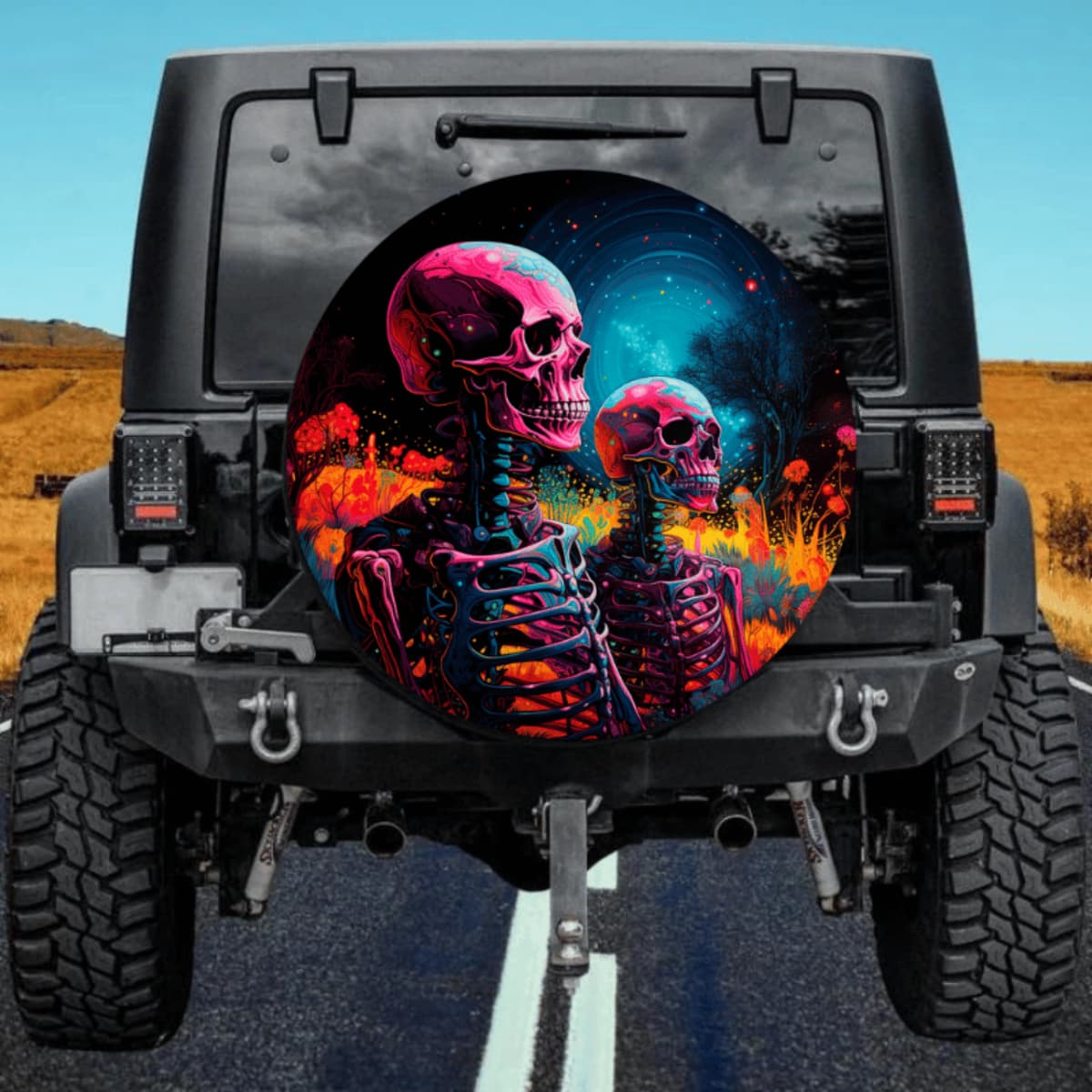 Space Skeleton Spare Tire Cover - Colorful Nebula & Flora Art