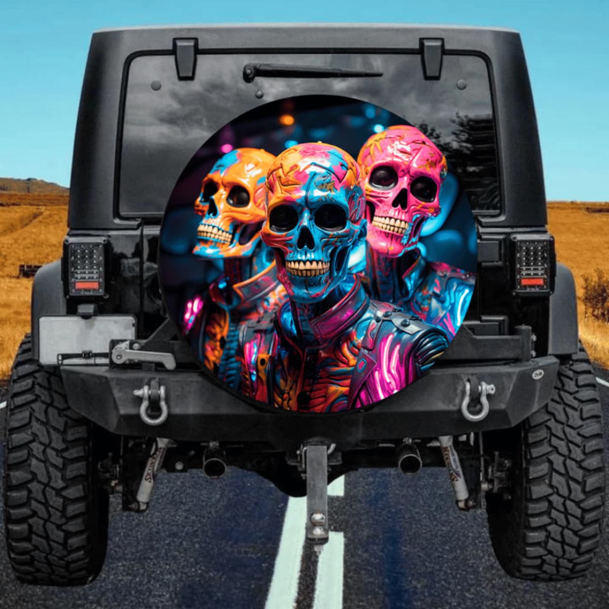 Colorful Skull Spare Tire Cover - Neon Graffiti Art