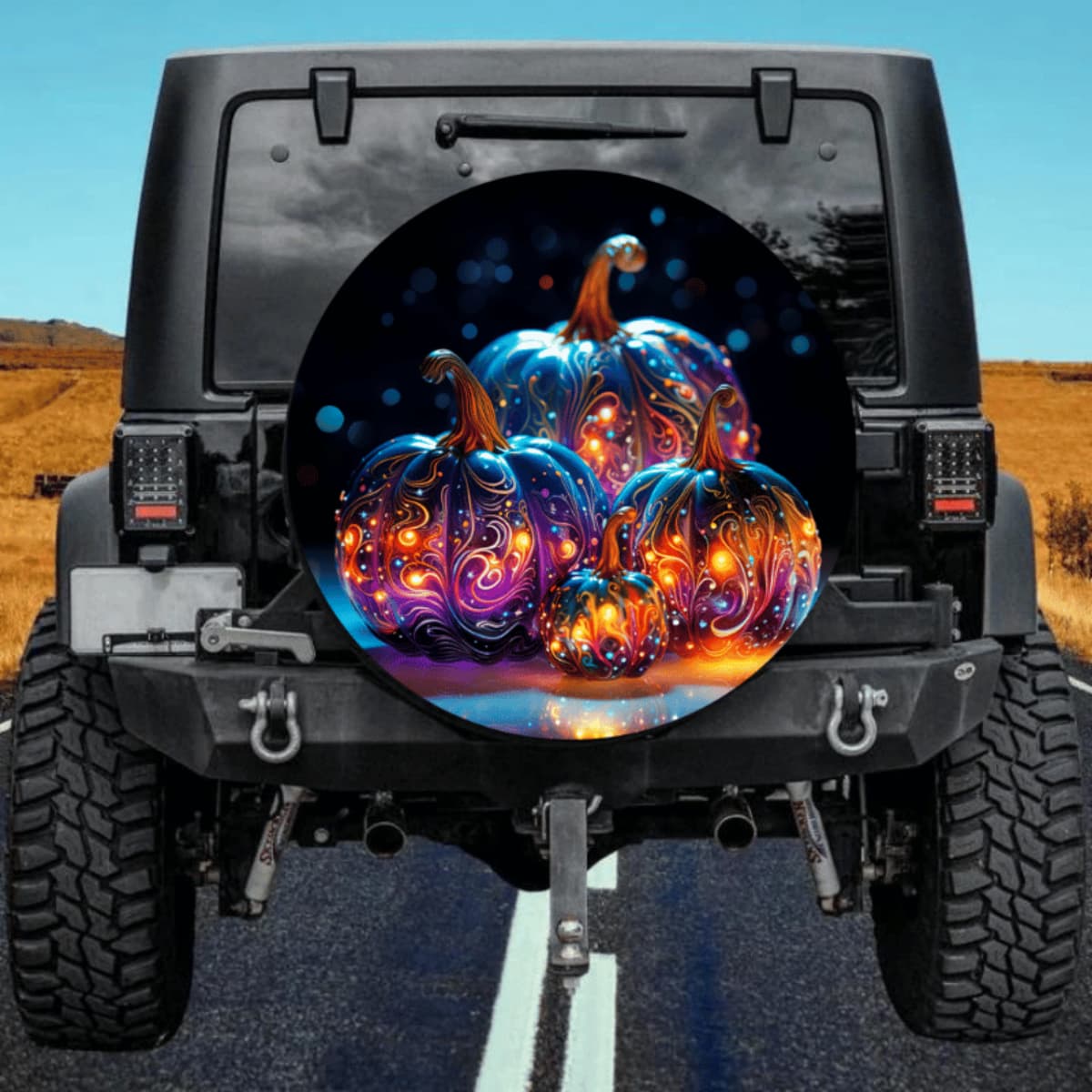 Blue Glowing Pumpkin Spare Tire Cover - Modern Halloween Art