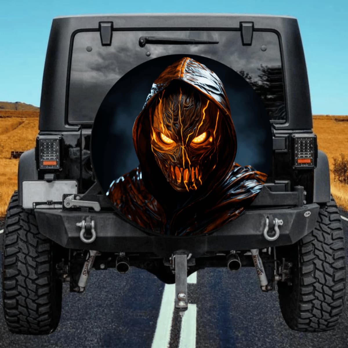 Scary Hooded Figure Spare Tire Cover - Glowing Orange Mask Art