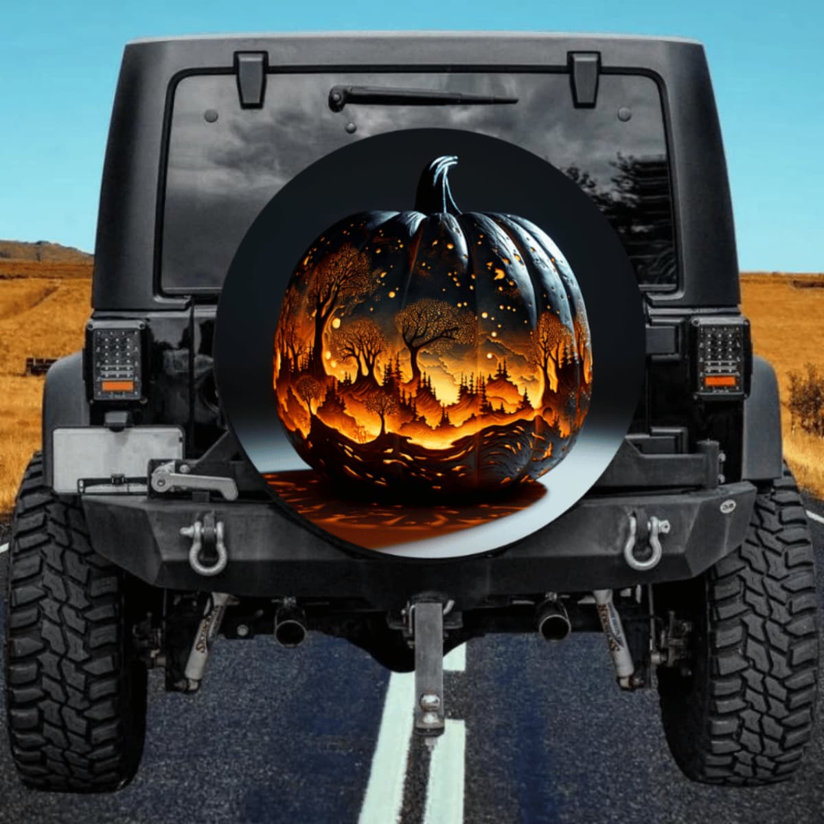 Detailed Carved Pumpkin Spare Tire Cover - Forest Silhouette Art