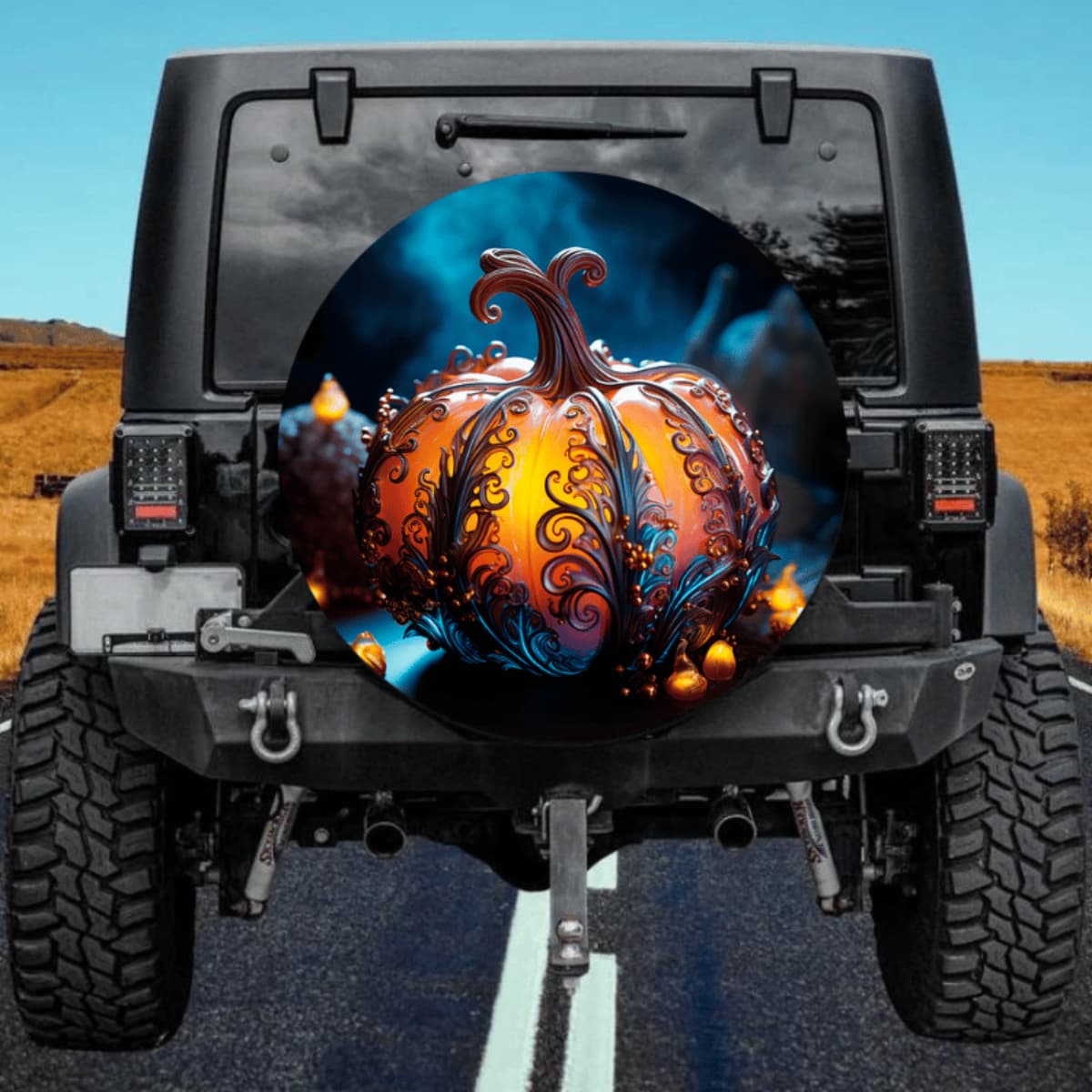 Metal Pattern Pumpkin Spare Tire Cover - Gothic Halloween Art