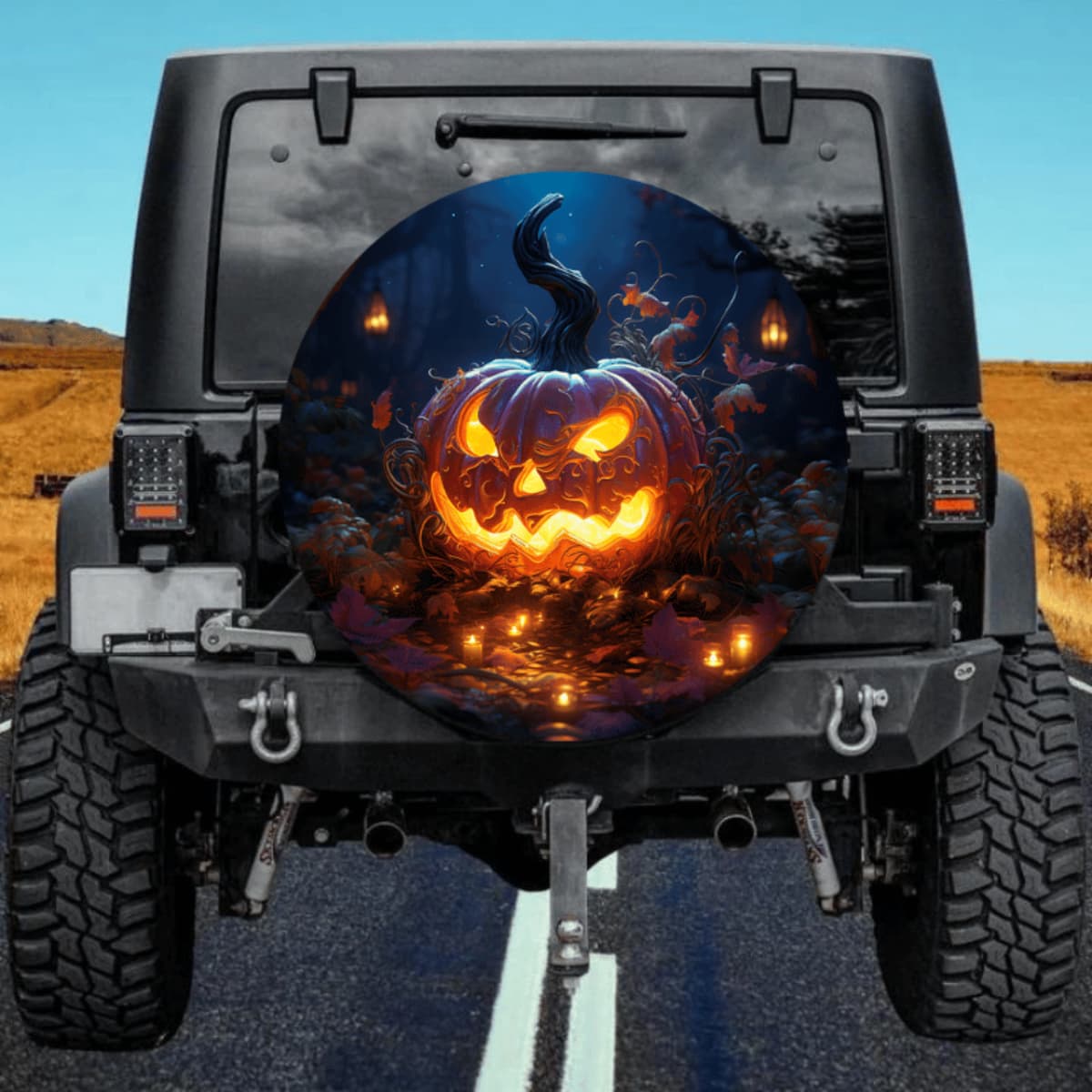 Evil Jack-O'-Lantern Spare Tire Cover - Glowing Pumpkin Art