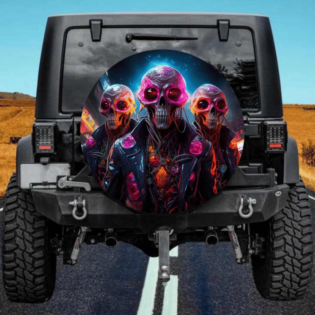 Sci-Fi Skull Spare Tire Cover - Neon Cyberpunk Art