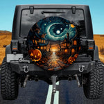 Artistic Halloween Spare Tire Cover - Gothic Village & Pumpkin Art