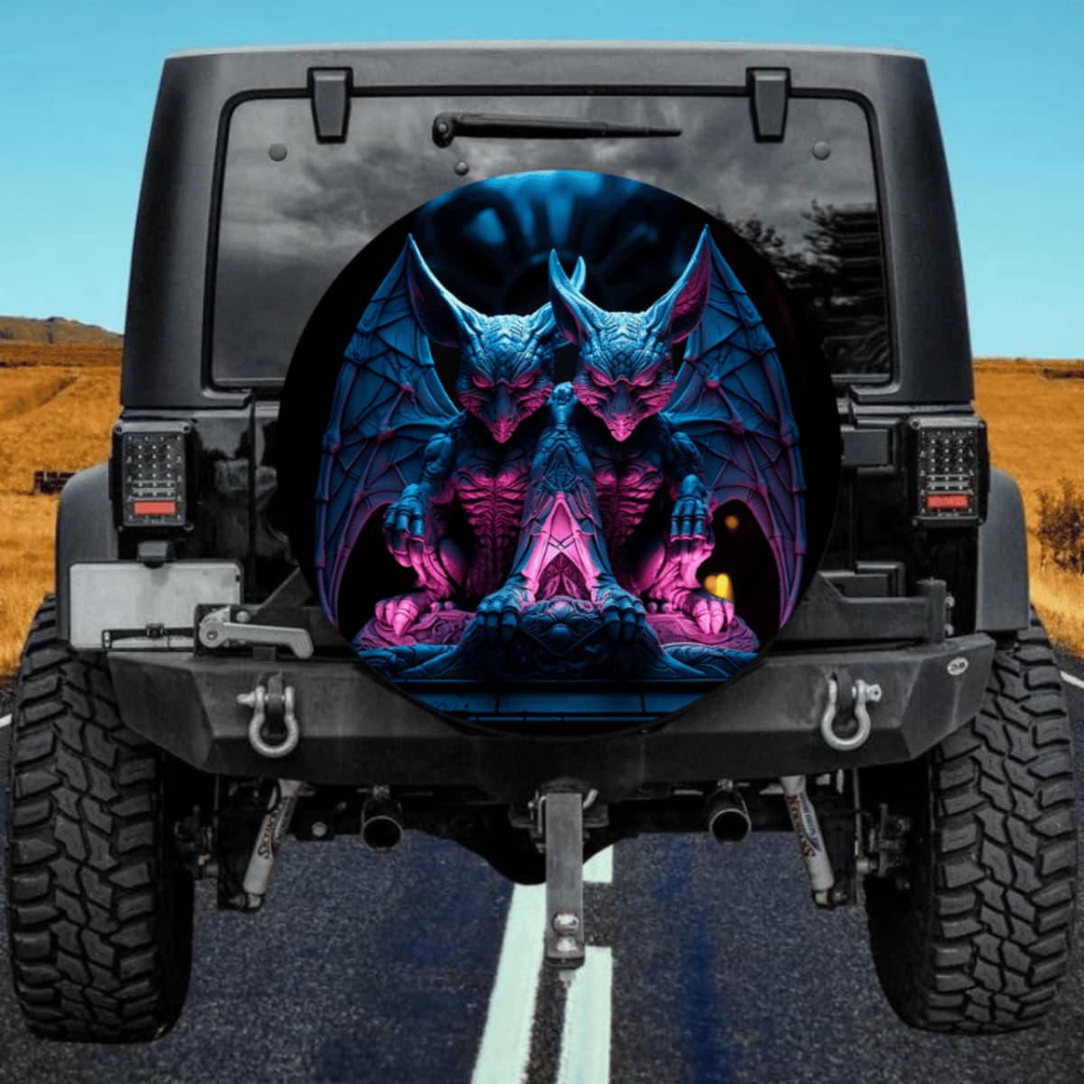 Neon Blue Gargoyle Spare Tire Cover - Gothic Statue Art