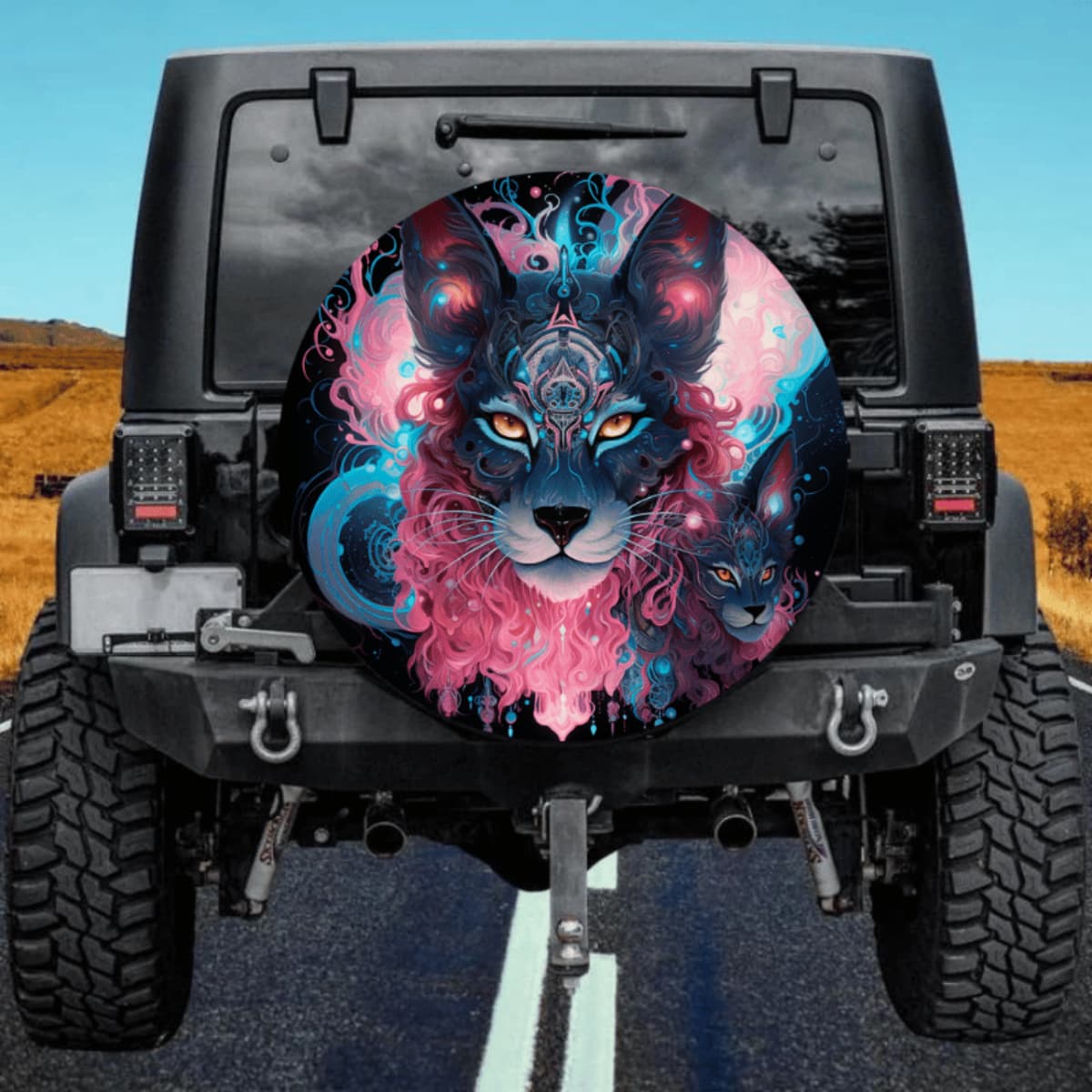 Neon Cat Spare Tire Cover - Cyberpunk Animal Art