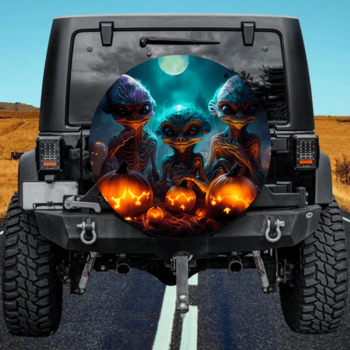 Alien Halloween Spare Tire Cover - Sci-Fi Pumpkin Art