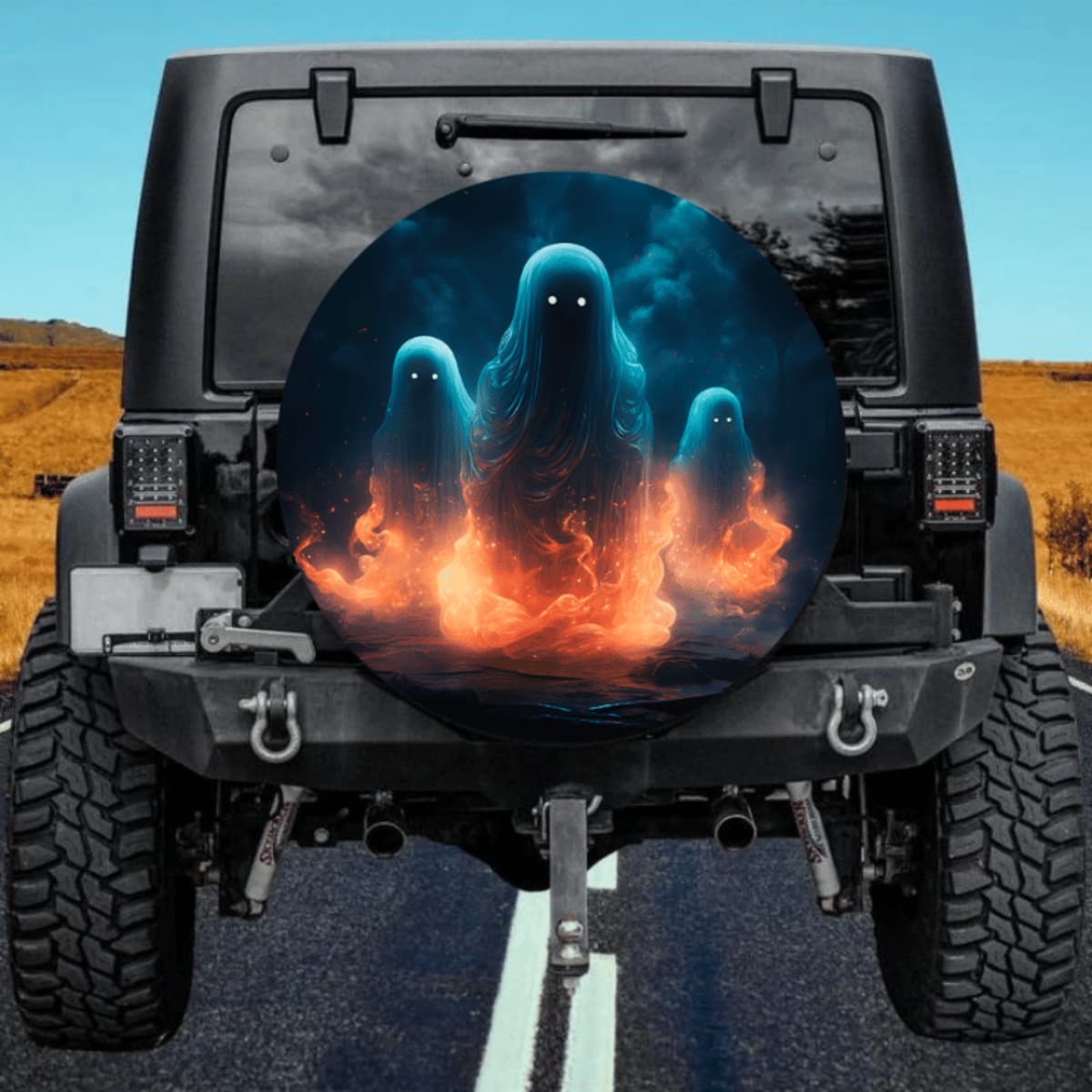 Scary Ghost Spare Tire Cover - Glowing Orange Fire & Blue Mist Art