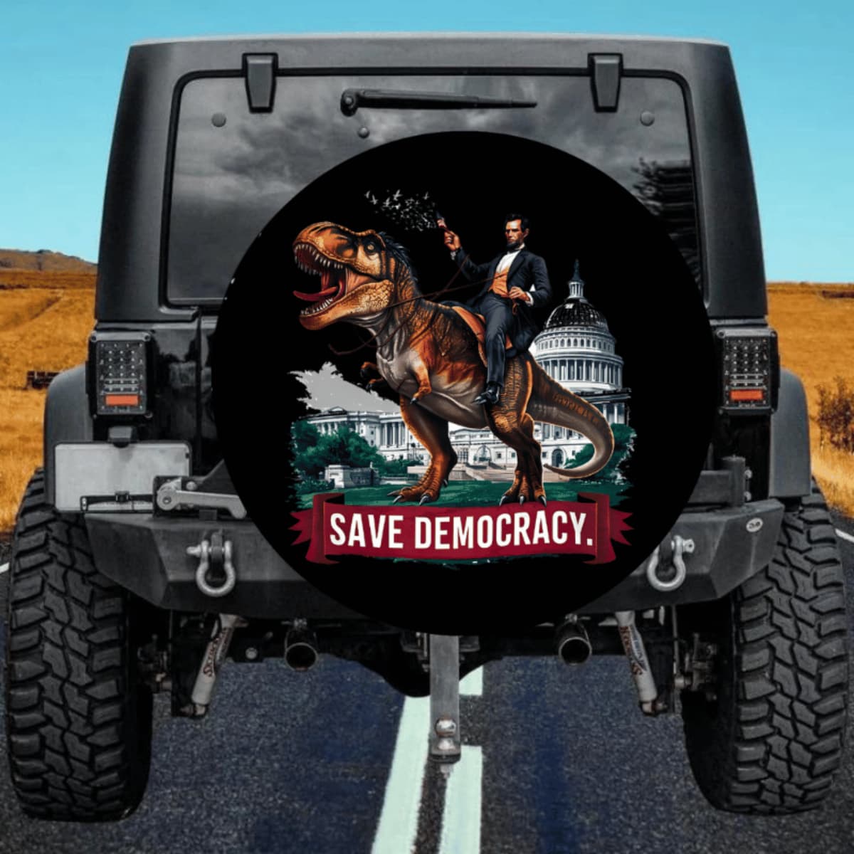 Abraham Lincoln Riding a T-Rex Spare Tire Cover