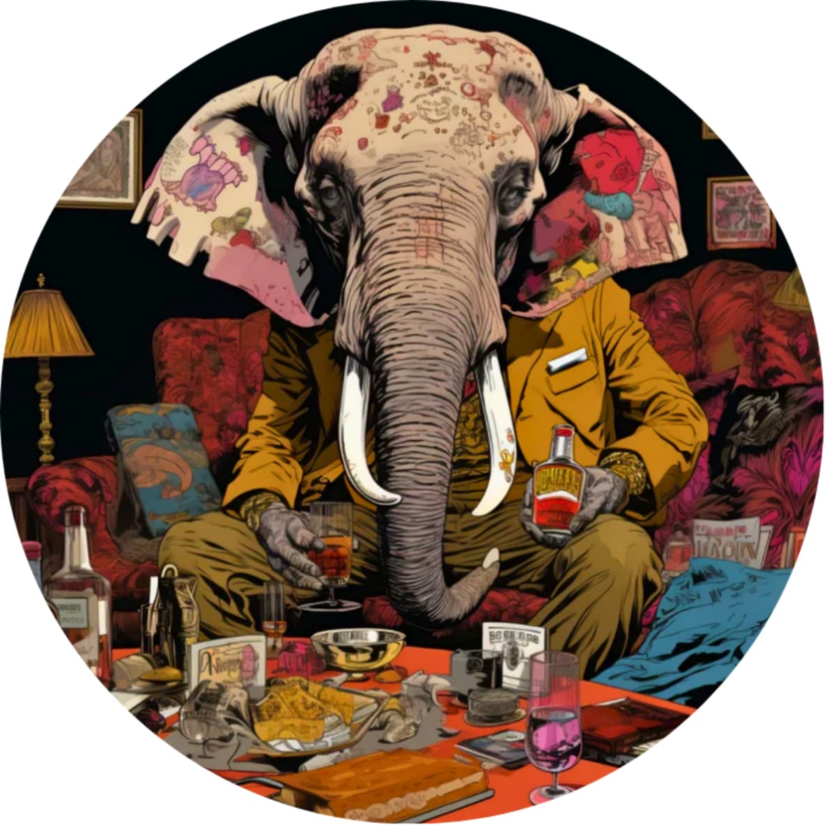 Tattooed Elephant in Suit Retro Surreal Art Spare Tire Cover