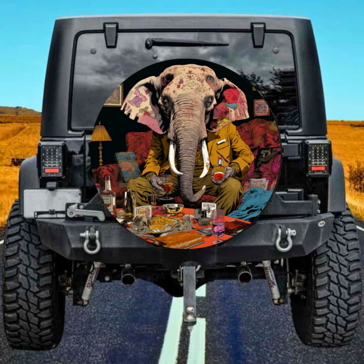 Tattooed Elephant in Suit Retro Surreal Art Spare Tire Cover
