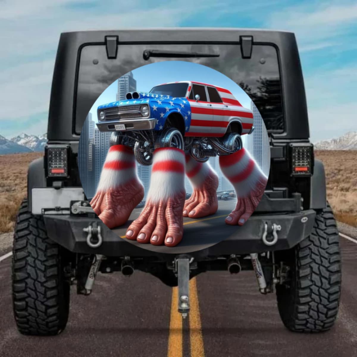 American Flag Muscle Car with Giant Feet Spare Tire Cover