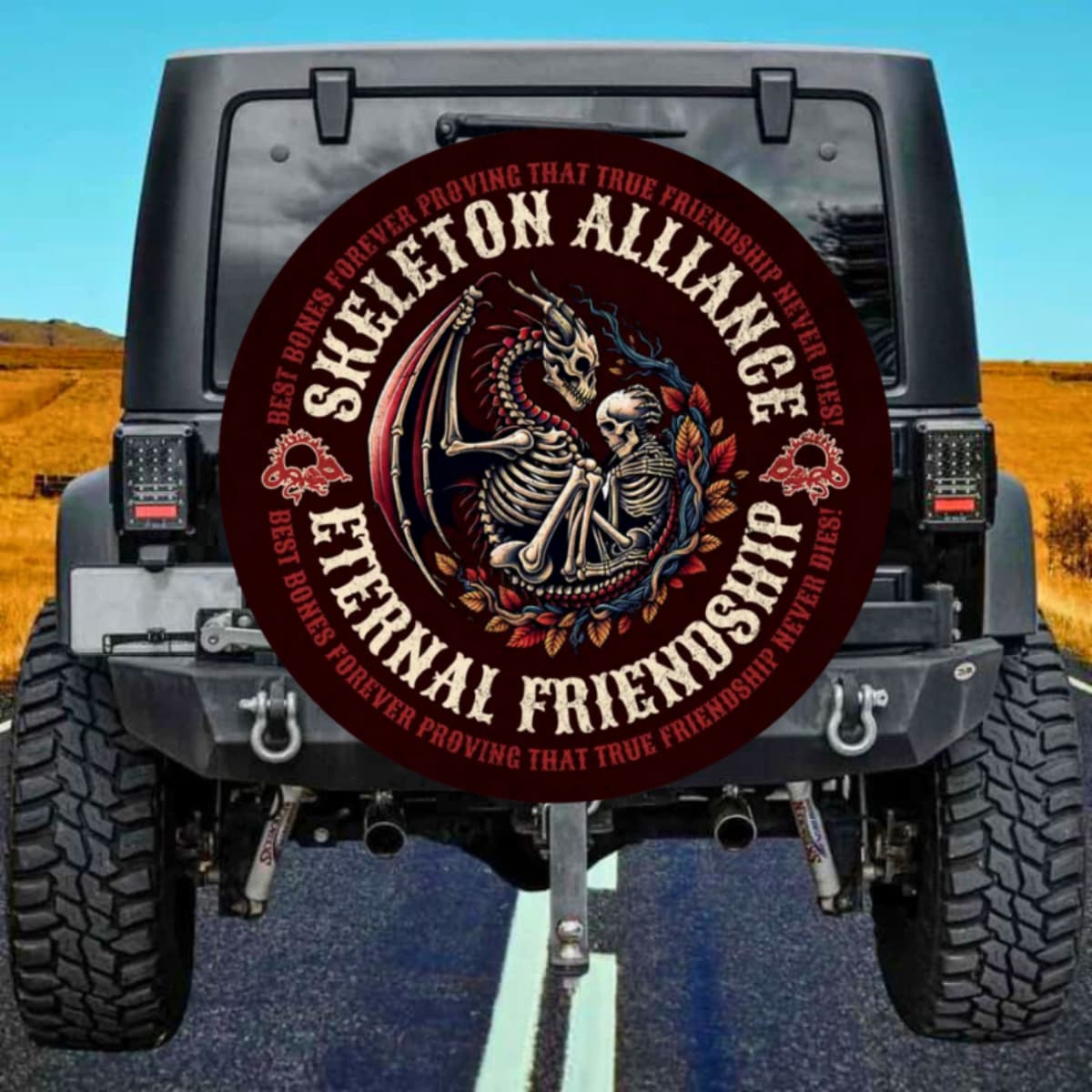 Dragon and Human Skeleton Spare Tire Cover - Eternal Friendship Art