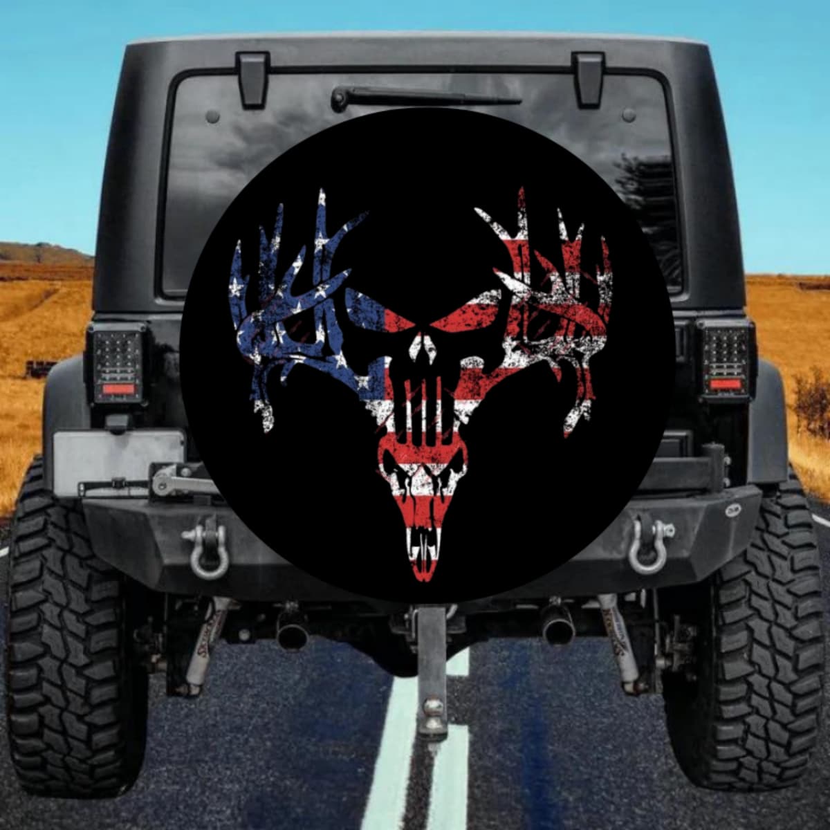 American Flag Punisher Deer Skull Spare Tire Cover - Distressed Art