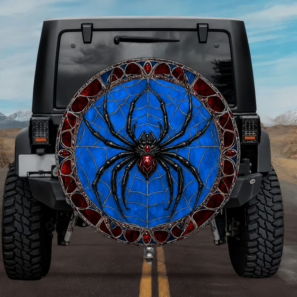 Blue & Red Stained Glass Web Spider Spare Tire Cover for Jeep, SUV & RV