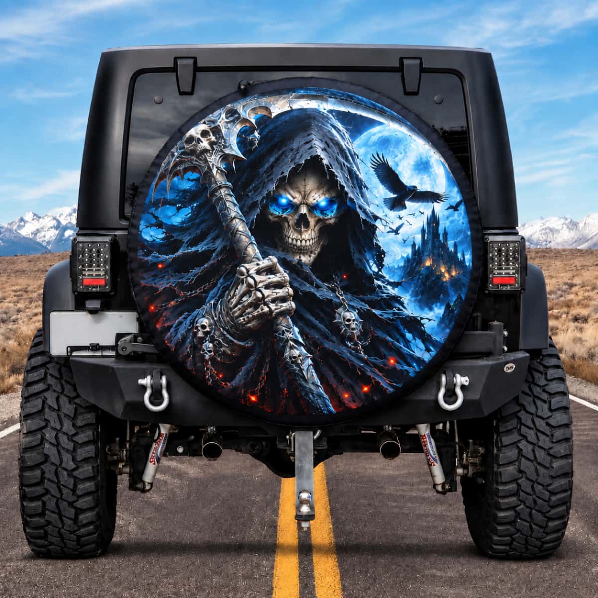 Gothic Grim Reaper Scythe Moon Spare Tire Cover - Jeep, Bronco, RV, Camper & More