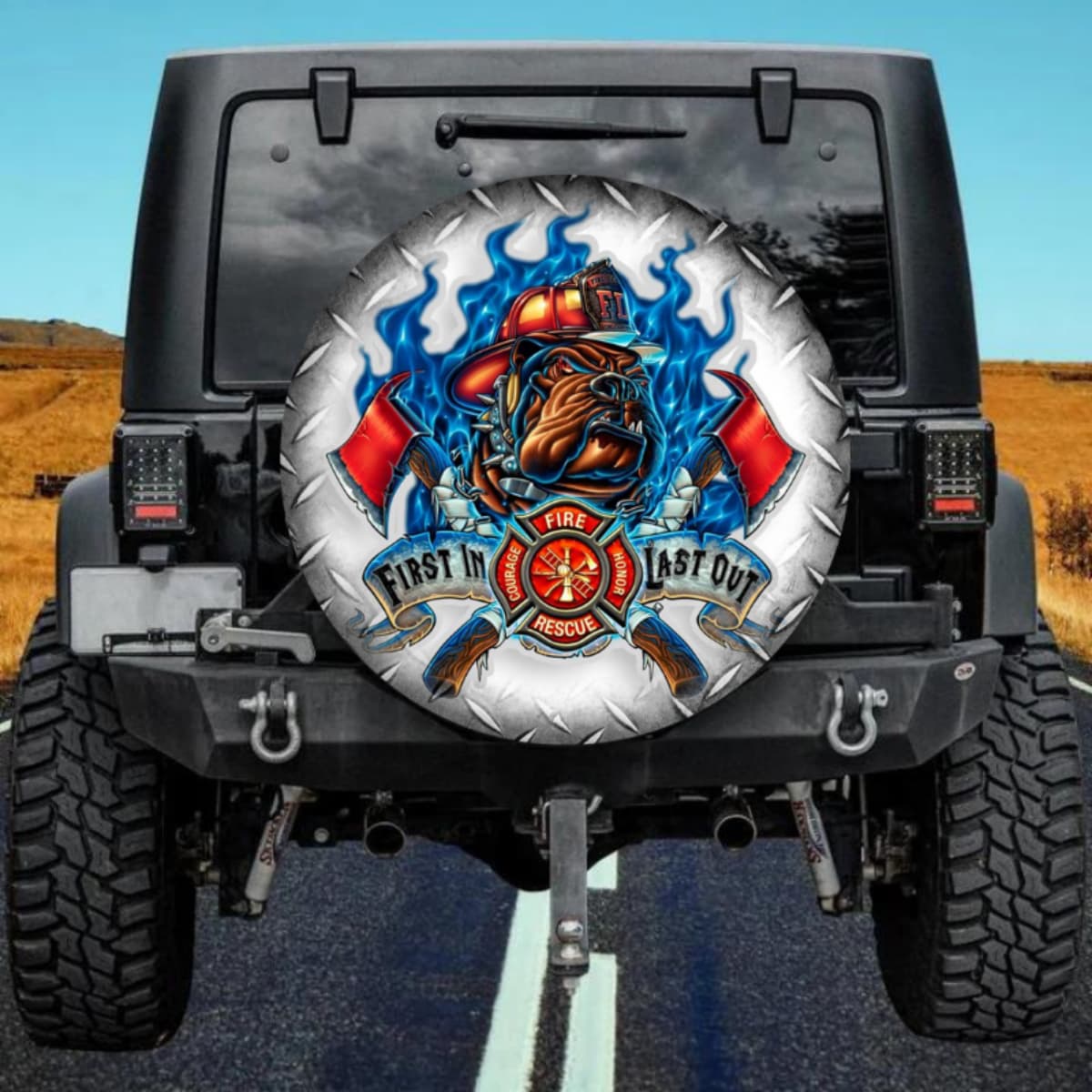 Firefighter Bulldog First In Last Out Spare Tire Cover