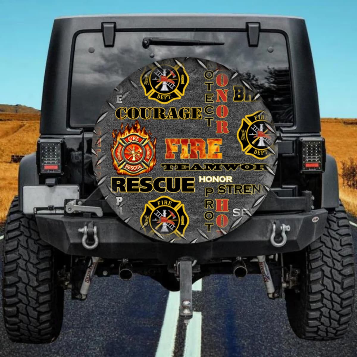 Firefighter Motto Collage Matrix Spare Tire Cover