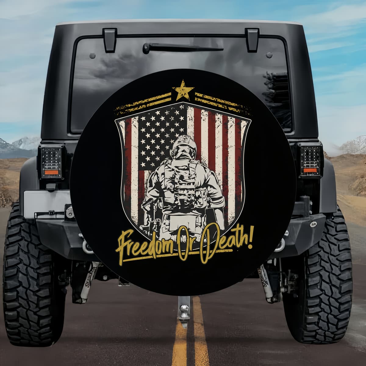 Freedom or Death Soldier + American Flag Spare Tire Cover