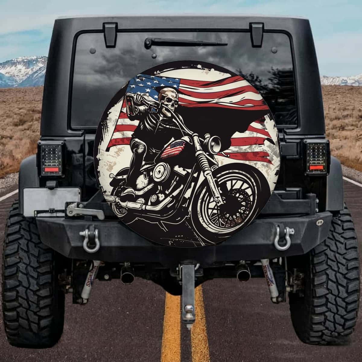 American Flag Skeleton Riding Chopper Bike Spare Tire Cover