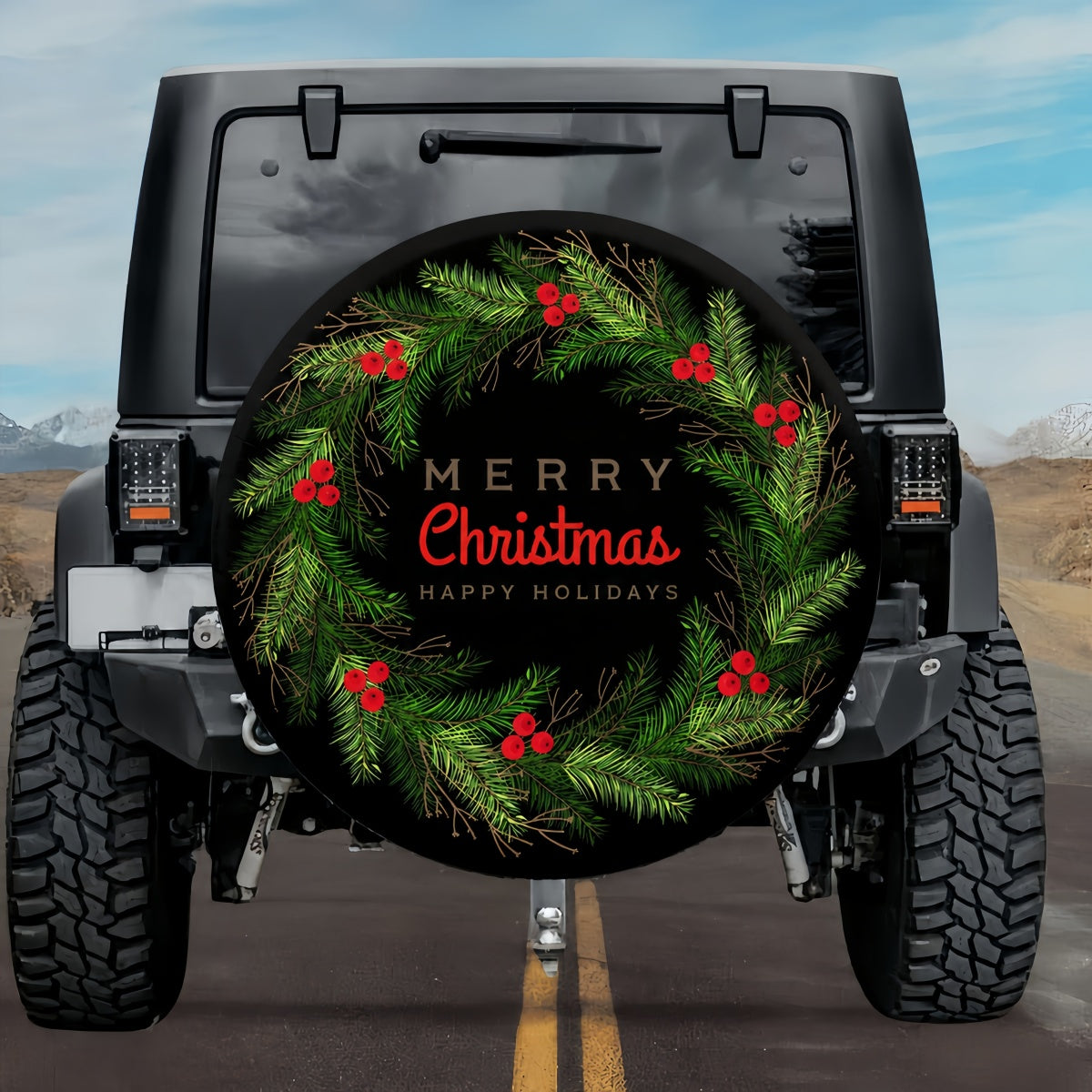 Merry Christmas Wreath Spare Tire Cover - Jeep, Bronco, RV, Camper & More