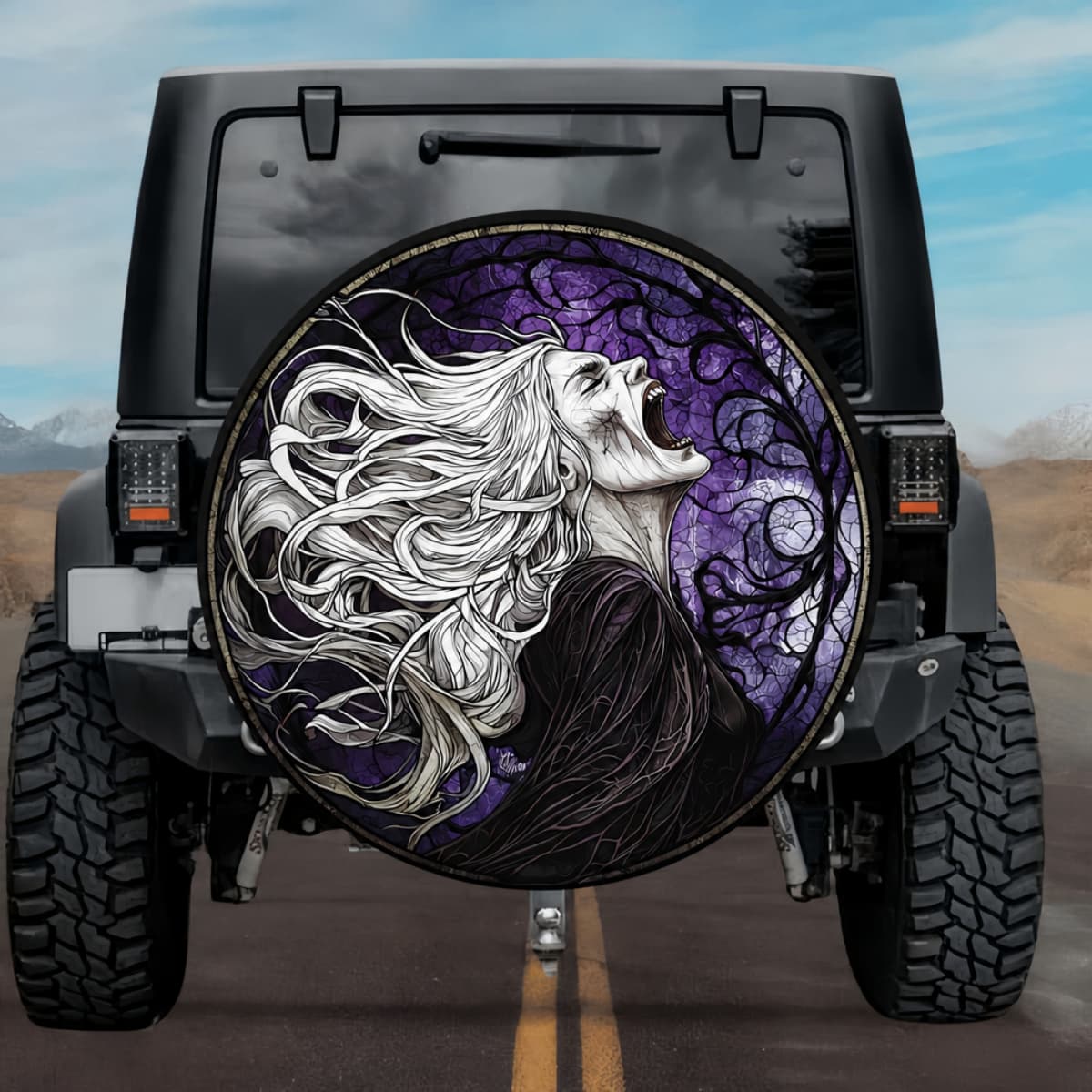 Gothic Screaming Banshee Violet Stained Glass Spare Tire Cover