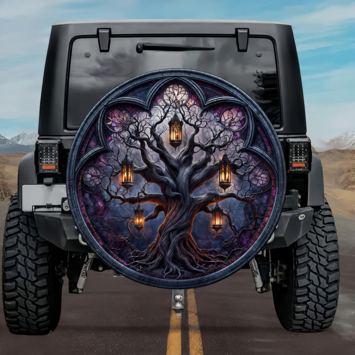 Gothic Haunted Tree Amber Lanterns Violet Stained Glass Spare Tire Cover