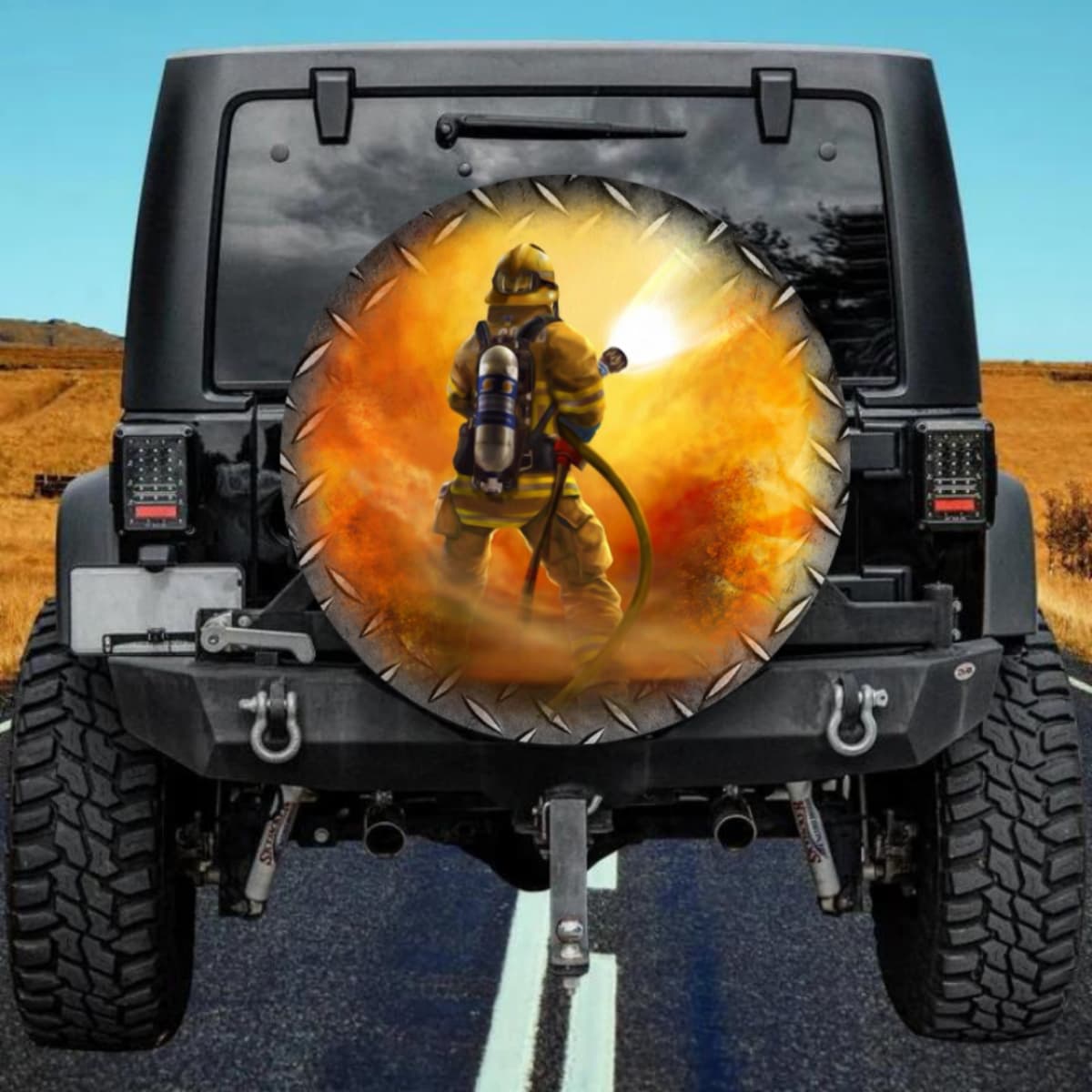 Firefighter with Hose in Fire Spare Tire Cover