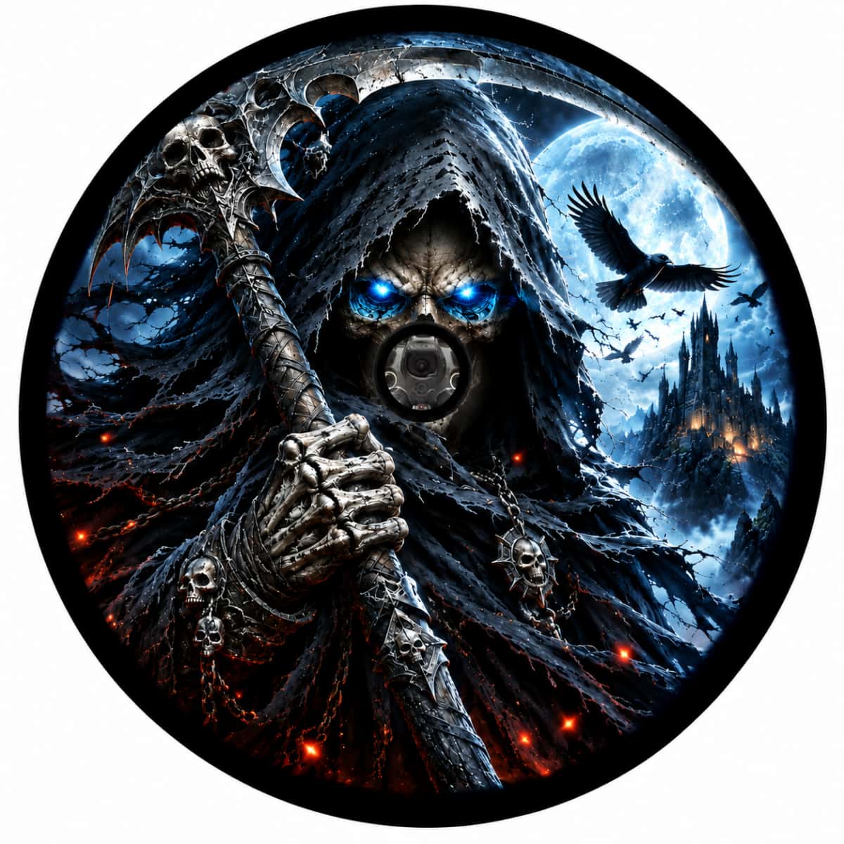Gothic Grim Reaper Scythe Moon Spare Tire Cover - Jeep, Bronco, RV, Camper & More