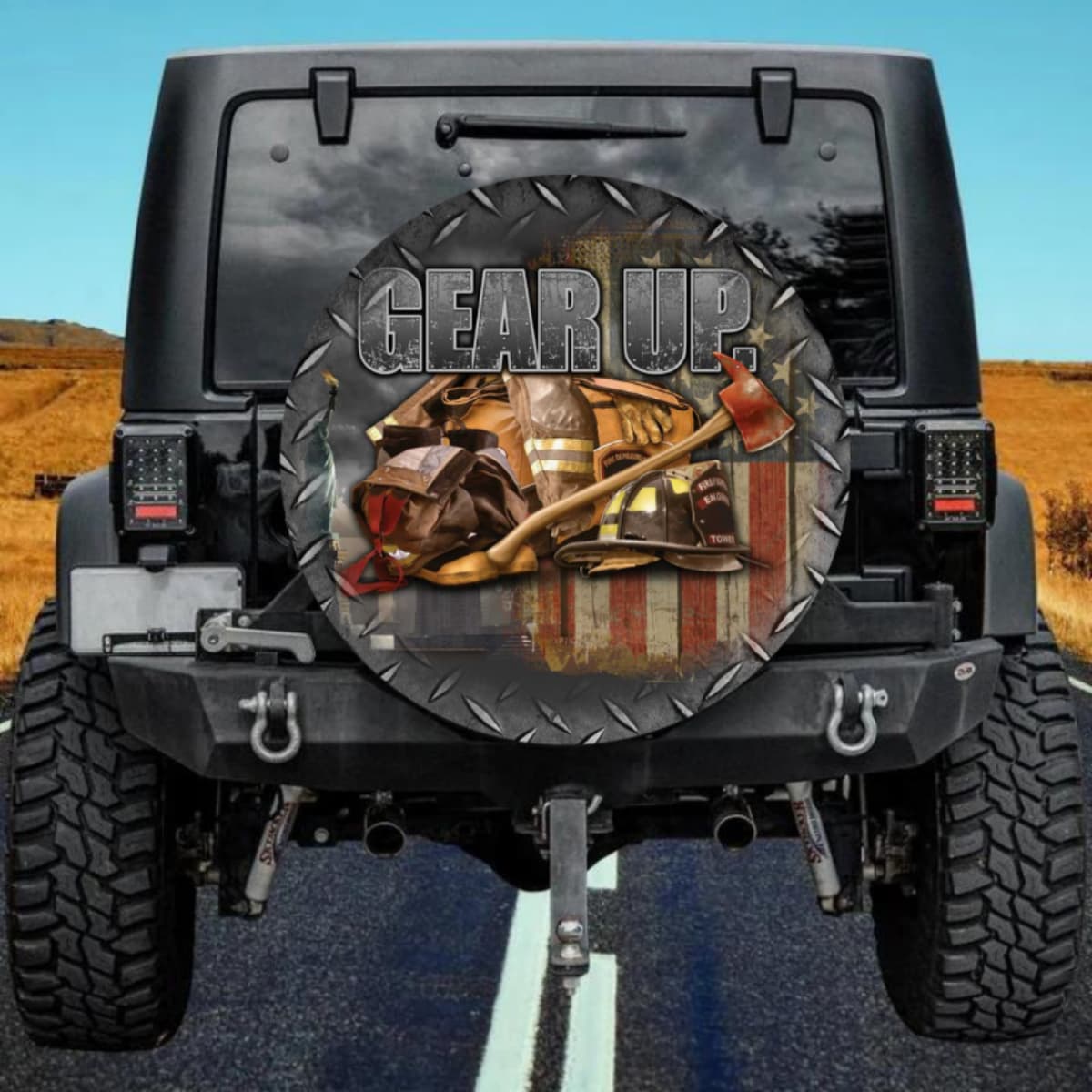 Firefighter Gear Up American Flag Spare Tire Cover