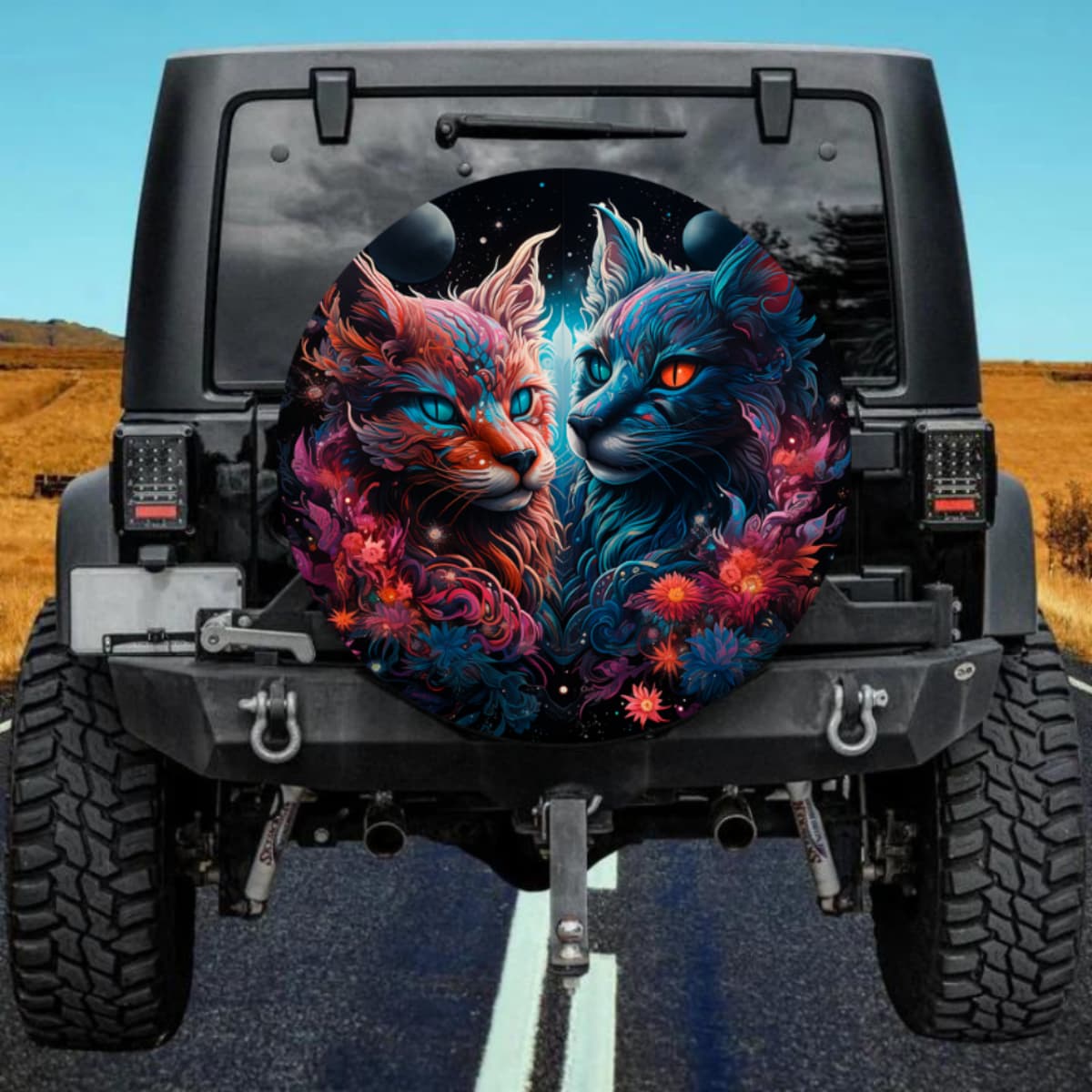Galaxy Cat Pair Spare Tire Cover - Vibrant Floral Space Art