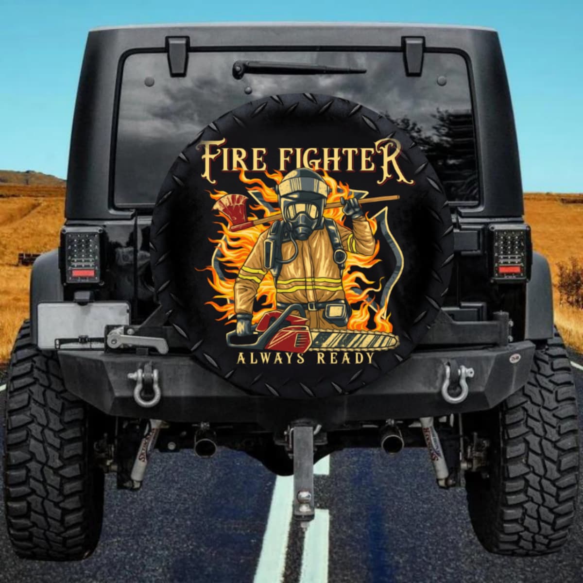 Firefighter Always Ready with Chainsaw Spare Tire Cover