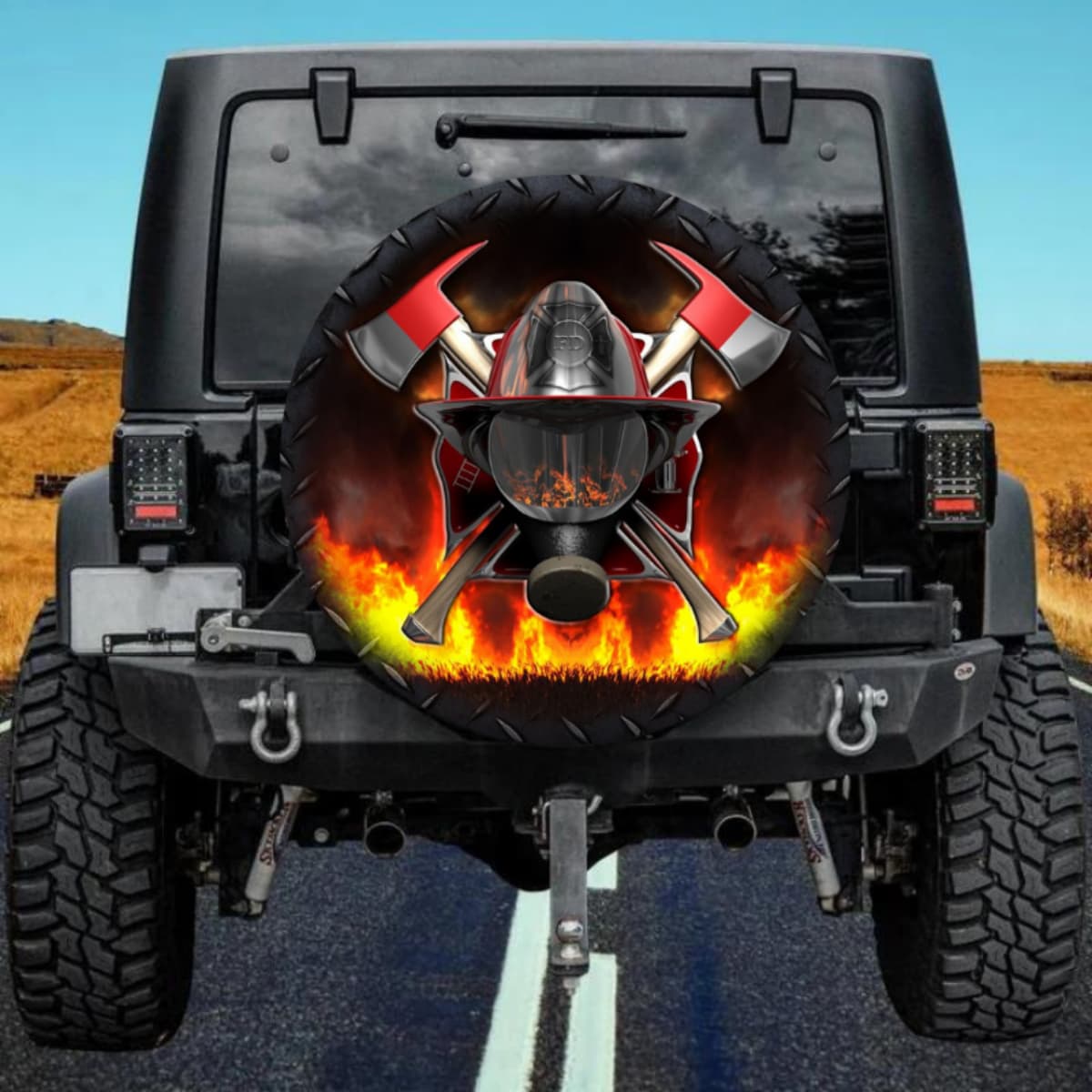 Firefighter Mask with Crossed Axes Spare Tire Cover