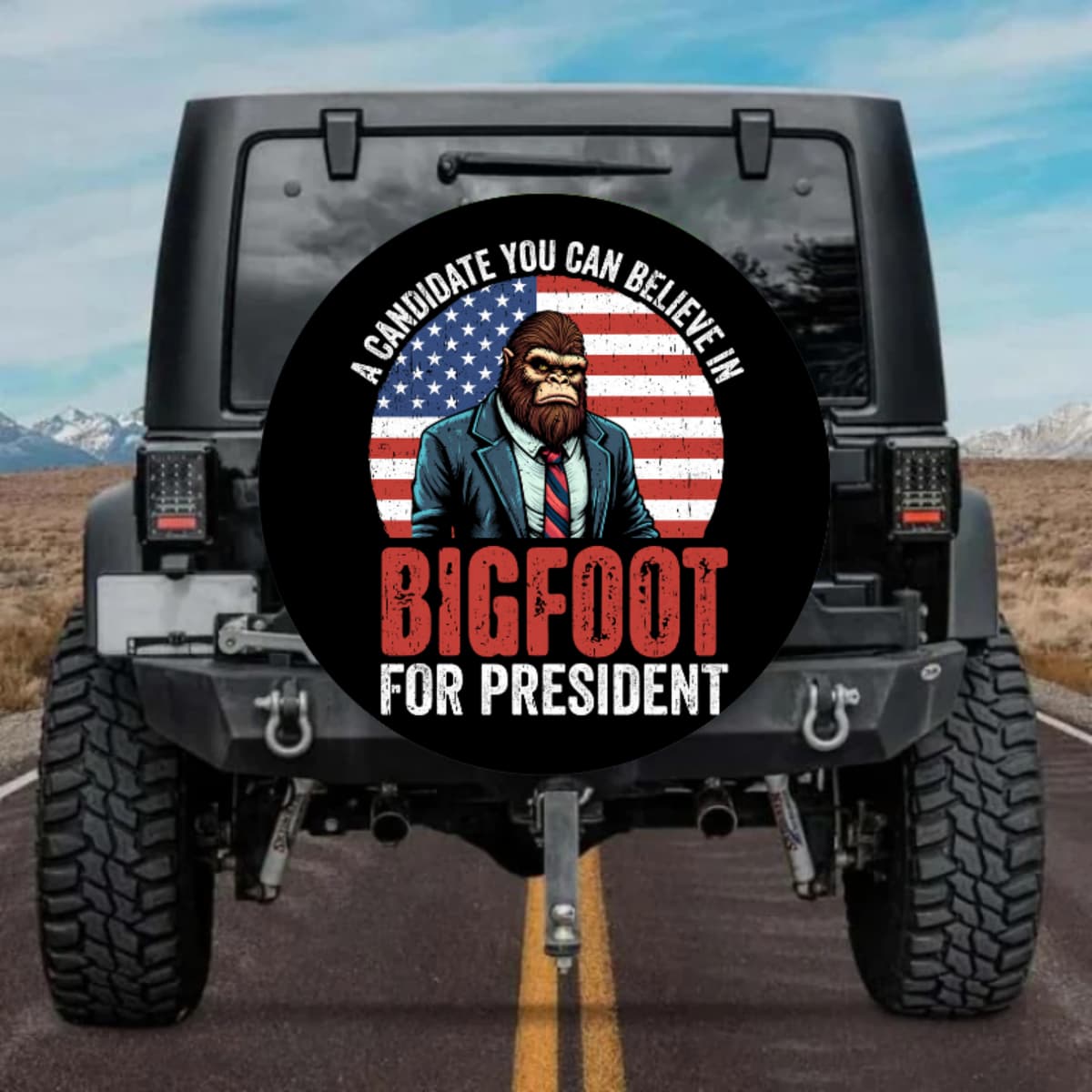 Patriotic Sasquatch in Suit American Flag Spare Tire Cover