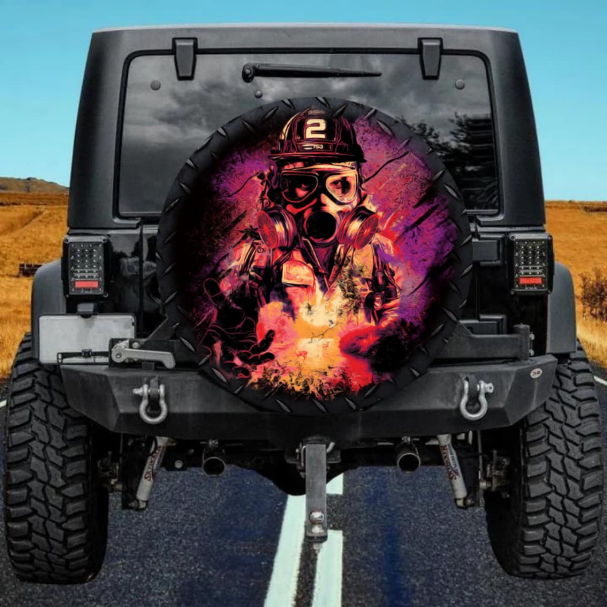 Firefighter Mask in Nebula Clouds Spare Tire Cover