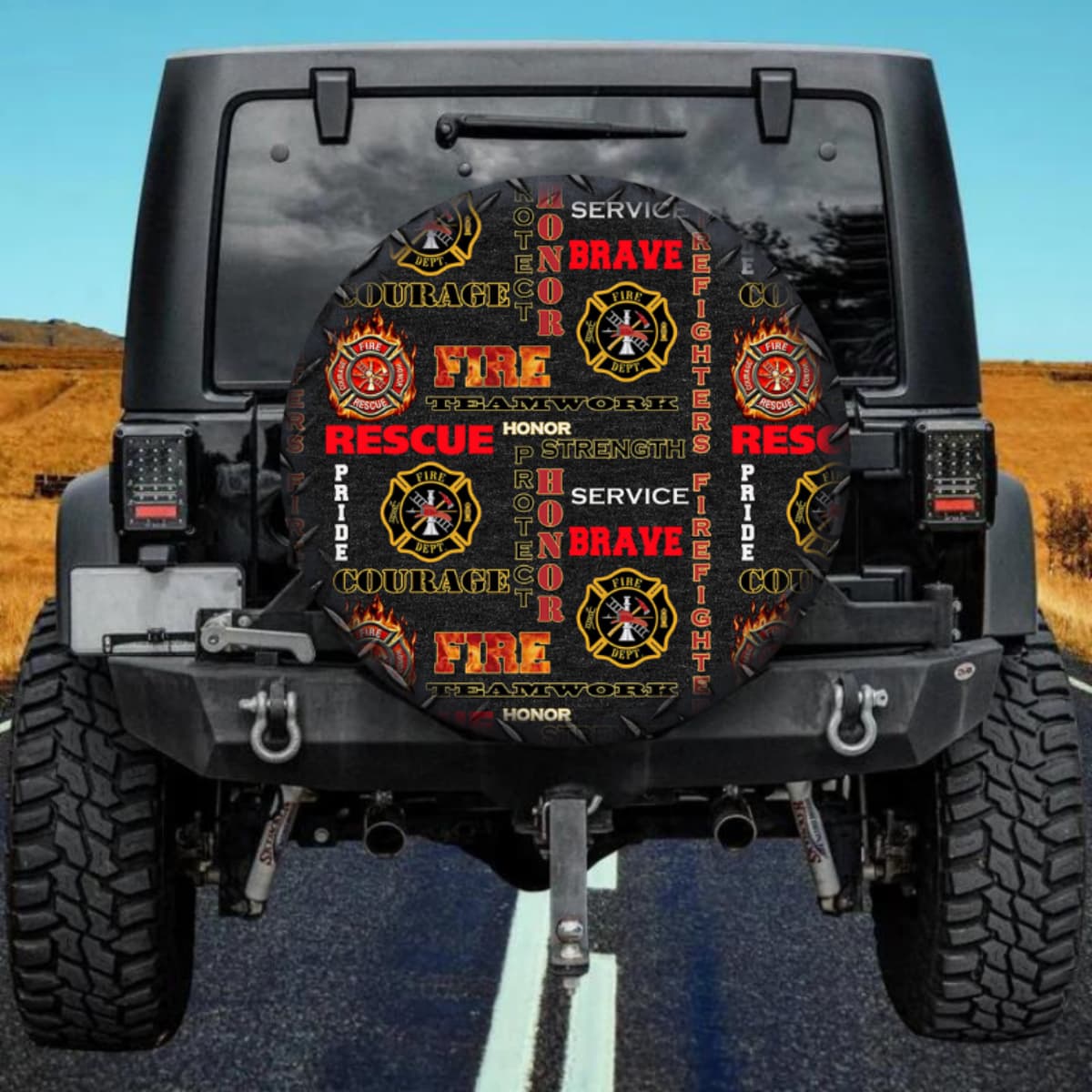 Firefighter Motto & Emblem Pattern Spare Tire Cover