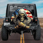 Hooded Skull with American Flag Spare Tire Cover - Biker Style Art